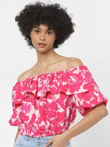 ONLY Women Pink Floral Print Off-Shoulder Bardot Top