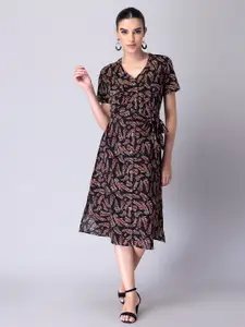 FabAlley Black & Coral Tropical Crepe Midi Dress