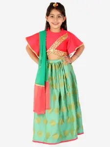 KID1 Girls Green & Red Embellished Ready to Wear Lehenga & Blouse With Dupatta