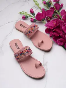 Shoestail Women Peach-Colored Embellished One Toe Flats