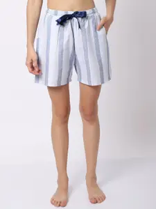 Claura Women Blue & White Striped Lounge Shorts