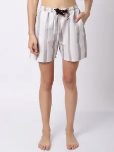 Claura Women Beige & Grey Striped Lounge Shorts