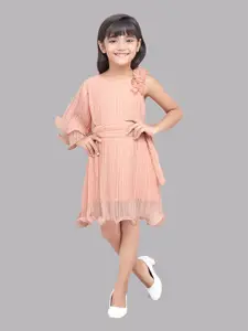 Pink Chick Pink Chick Girls Peach-Coloured One Shoulder Georgette Dress