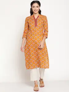 Be Indi Women Mustard & Red Printed Cotton Straight Kurta