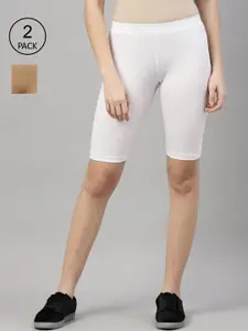Kryptic Women Beige & White Set Of 2 Solid Shorts