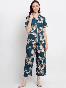 DressBerry Women Navy Blue & Pink Floral Printed Night suit