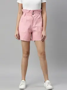ZHEIA Women Pink Loose Fit High-Rise Outdoor Denim Shorts
