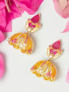 Voylla Women Gold-Toned & Pink American Diamond CZ Dome Shaped Jhumkas Earrings