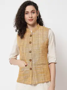 Vastraa Fusion Women Brown Checked Woven Nehru Jackets