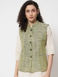Vastraa Fusion Women Green Checkered Nehru Jackets