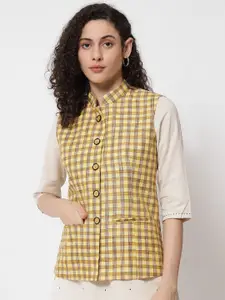 Vastraa Fusion Women Yellow & Brown Checked Woven Pure Cotton Nehru Jacket