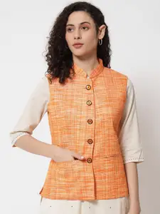 Vastraa Fusion Women Orange Checked Woven Nehru Jacket