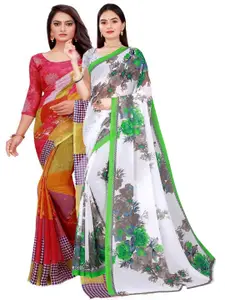 KALINI White & Multicoloured Pack of 2 Floral Pure Georgette Saree
