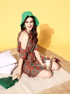 Berrylush Women Rust Floral Vacay Attire