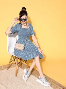 Berrylush Women Blue Floral Volume Play Dress