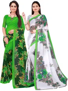 Florence Pack of 2 White & Green Floral Pure Georgette Saree