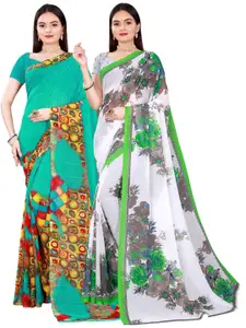 Florence Women Pack Of 2 White & Green Printed Pure Georgette Saree
