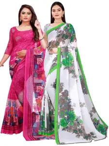 Florence Set Of 2 White & Grey Floral Pure Georgette Saree