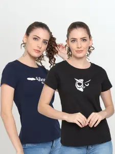 UnaOne Women Pack of 2 Black & Navy Blue Printed Pure Cotton T-shirts