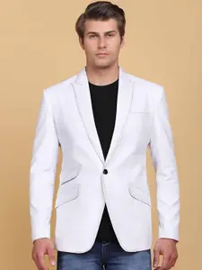 TAHVO Men White Solid Single Breasted Linen Blazers