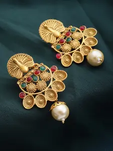 PANASH Gold-Toned Peacock Shaped Drop Earrings