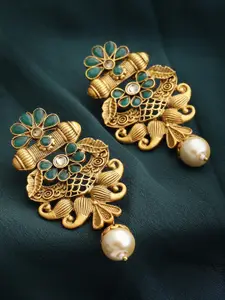 PANASH Gold-Toned & Green Contemporary Drop Earrings