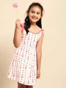 House of Pataudi Girls White & Pink Polka Dots Printed Tiered Fit and Flare Dress