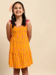 House of Pataudi Girls Orange & Purple Polka Dots Printed Tiered Fit and Flare Dress