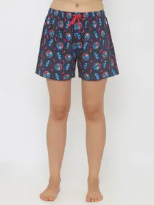 Smugglerz Women Navy Blue & Red High-Rise Printed Lounge Shorts