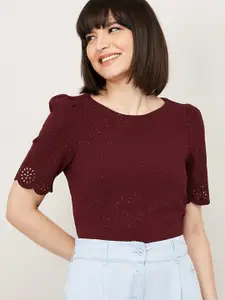 CODE by Lifestyle Women Maroon Solid Puff Sleeved Top