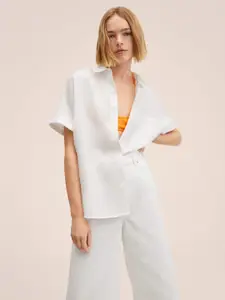 MANGO Women White Solid Linen Casual Shirt