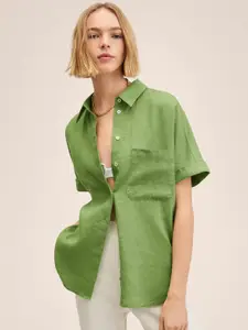 MANGO Women Green Linen Solid Casual Shirt with Extended Sleeves