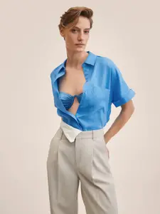 MANGO Women Blue linen Solid Casual Shirt with Extended Sleeves