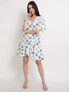 DODO & MOA Women White Geometric Printed Crepe Wrap Dress