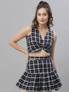 KASSUALLY Women Navy Blue & White Checked Crop Pure Cotton Top