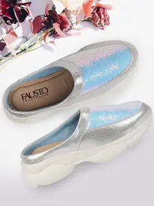 FAUSTO Women Silver-Toned Embellished Mules Flats