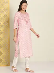 House of Pataudi Women Pink & Olive Green Floral Embroidered Pure Cotton Rozana Kurta