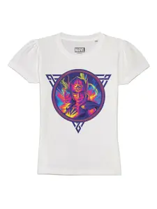 Marvel by Wear Your Mind Girls White Printed Puff Sleeves T-shirt