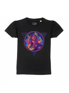 Marvel by Wear Your Mind Girls Black & Blue Printed Puff Sleeves T-shirt