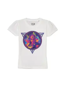 Marvel by Wear Your Mind Girls White Printed Puff Sleeves T-shirt