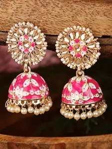 Shining Diva Gold-Toned & Pink Kundan Studded Dome Shaped Jhumkas Earrings