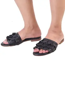 XE Looks Women Black Embellished Open Toe Flats