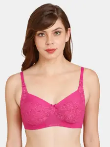 Rosaline by Zivame Pink Non Wired Non Padded Half Coverage Seamless Floral Lace Bra