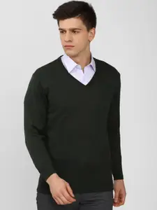 Van Heusen Men Green V Neck Pullover Sweater