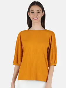Monte Carlo Mustard Yellow Ribbed Puff Sleeves Top