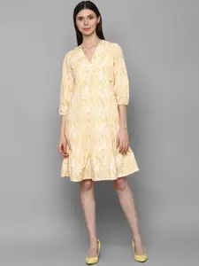 Allen Solly Woman Orange Puffed Sleeves V Neck Above Knee Printed Dress
