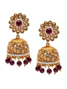 Shining Jewel - By Shivansh Women Gold-Toned & Maroon Dome Shaped Jhumkas Earrings