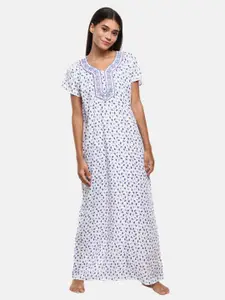 V-Mart Women White Printed Maxi Nightdress