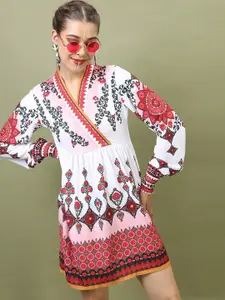 Vishudh Women White & Maroon Printed Fit And Flared Dress