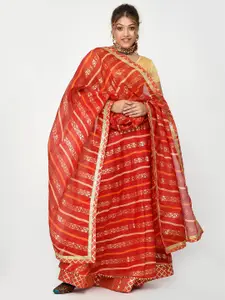 Kesarya Women Red & Gold-Toned Embellished Khari Print Ready to Wear Lehenga & Unstitched Blouse With Dupatta